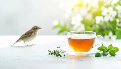 春のハーブガーデンをイメージした、透明ガラスのティーカップを主役にしたスチルライフです。
淡い色のハーブティーと、背景にぼかして配置された春の植物が清潔感を演出します。
片隅には小鳥をさりげなく配置し、自然な物語性と穏やかさをプラス。
広告、ウェルネス、季節キャンペーンに使いやすい余白重視の背景素材です。