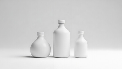 Three White Plastic Bottles with Caps on Light Background containers