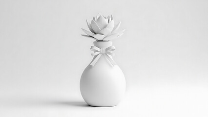White Ceramic Vase with Paper Lotus Flower and Ribbon