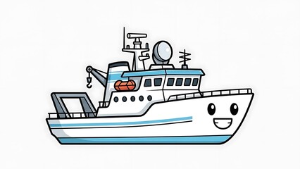 Obraz premium Cartoon Fishing Boat with Smiling Face.