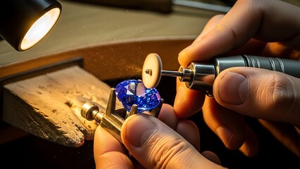 Jeweler polishing a sapphire gemstone set in a ring using specialized tools in a workshop