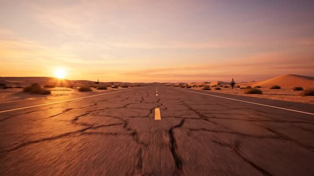 Desert road stretches towards a sunset horizon, cracks in pavement, cacti dot landscape