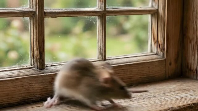 A small mouse is perched on a wooden windowsill, looking out through a window. The window has multiple panes and a blurred green background is visible through the glass.