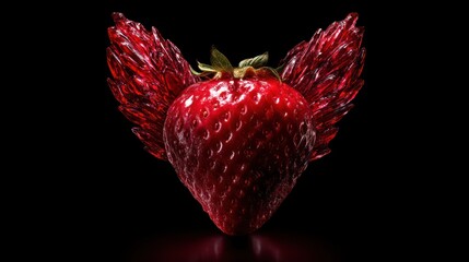 A vibrant strawberry balanced upright, crystalized sugar wings arching outward with graceful symmetry. Professional studio lighting glossy surfaces and