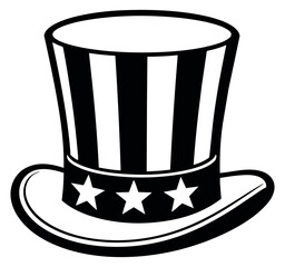 Bold line art illustration of an uncle sam hat depicting stripes and stars for american national holidays