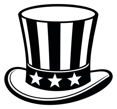 Bold line art illustration of an uncle sam hat depicting stripes and stars for american national holidays