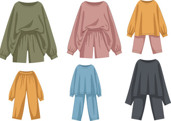 Six illustrated loungewear sets three shorts sets and three pants sets in various colors