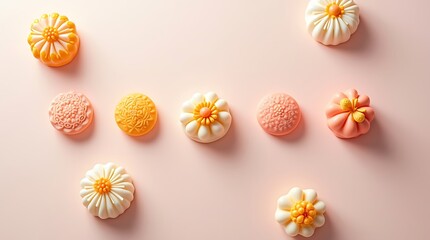 Top-Down Flat Lay of Traditional Japanese Wagashi on Clean Pastel Background