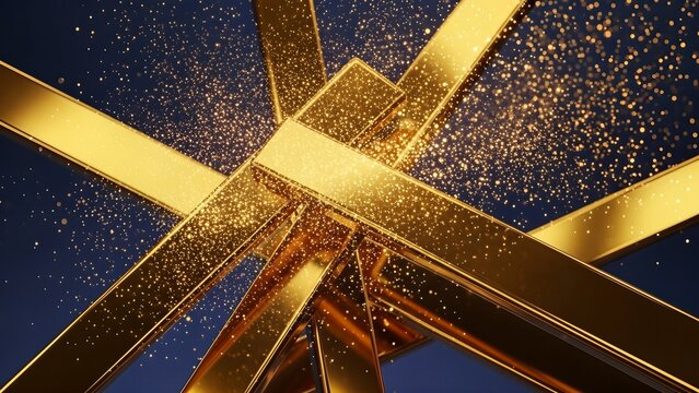 Abstract Golden Geometric Shapes with Sparkling Glitter Particles on Dark Blue Background - Powered by Adobe