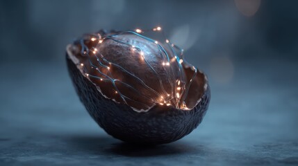 Avocado pit fractured gently, glowing neon circuitry unfurls from within, spreading across a smooth slate base. Light refracts along