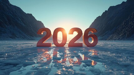 Dawn of 2026: Metallic numerals reflecting on a frozen arctic landscape at sunrise.