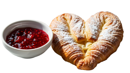 Heart Shaped Croissant with Raspberry Jam and Powdered Sugar on Black Background