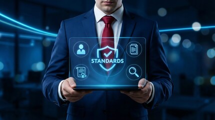 A professional businessman is presenting a digital tablet displaying security standards compliance and data protection symbols with a blurred background high quality detailed