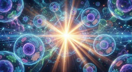 Abstract illustration of cells with glowing nucleus and connections