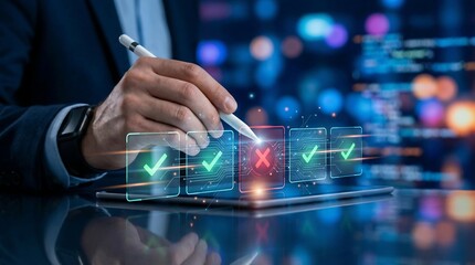 a businessman utilizing a digital stylus to interact with a holographic interface displaying checkmarks and an x representing data validation high quality professional