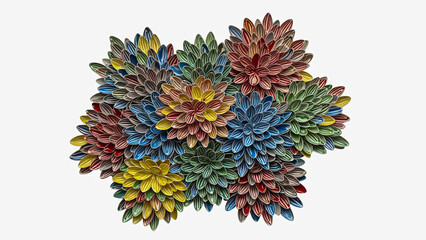 Vibrant abstract floral arrangement with colorful petals creating a visually striking and textured centerpiece