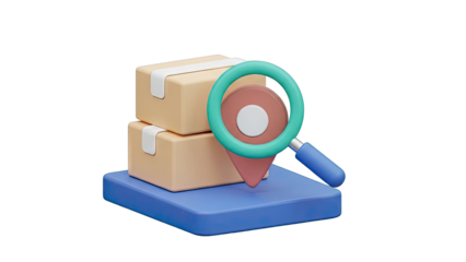 3D Icon: Shipping Boxes with Magnifying Glass and Location Pin