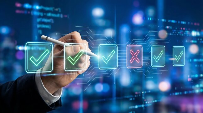 a hand is shown using a digital pen to interact with a series of glowing checkmark and cross icons against a blurred cityscape - Powered by Adobe