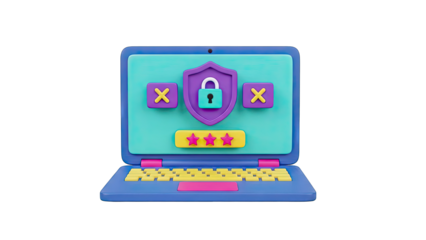 3D Laptop with Security Icons and Stars