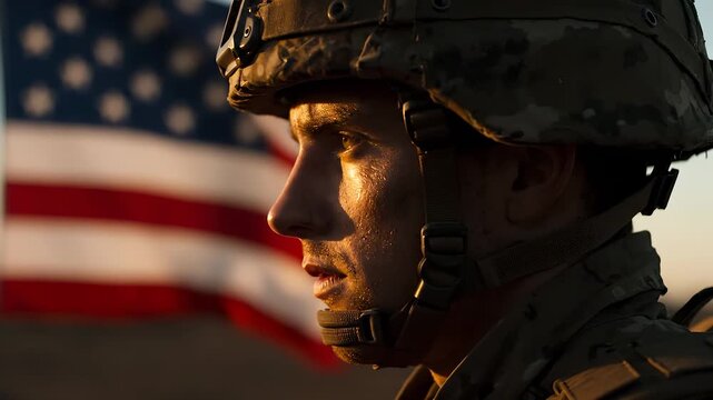 Soldier profile facing flag at sunset. Military portrait shows helmet and uniform in warm light. Closeup emphasizes service and veteran presence. Image conveys honor duty and army. Calm firm resolve.