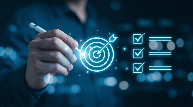 A person is visually demonstrating strategic goal setting and achievement through digital technology emphasizing precision and successful task completion in a modern business