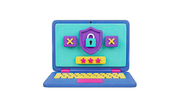 3D Laptop with Security Icons and Stars - Powered by Adobe