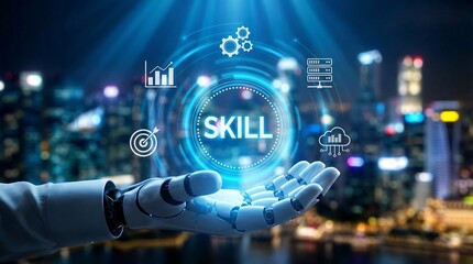 a robotic hand presenting a glowing circular display emphasizing the word skill against a blurred futuristic city skyline creating a digital concept