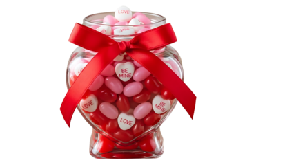 Valentine Heart Jar Filled with Red and Pink Candies, Tied with Red Ribbon