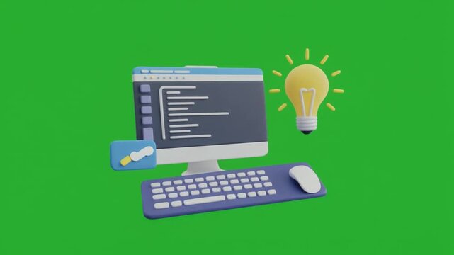 3d Digital Learning Coding Concept with Computer, Keyboard, Mouse, and Idea Bulb for Software Development
