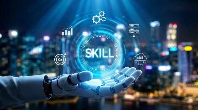 a robotic hand presenting a glowing circular display emphasizing the word skill against a blurred futuristic city skyline creating a digital concept - Powered by Adobe