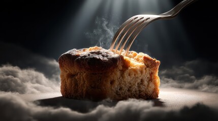 Cloud-formed bread pierced by fork sits atop luminous reflective surface. Dramatic lighting defines contours, casting TRUE shadows downward. Ethereal