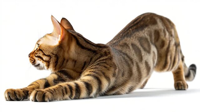 Brown tabby cat stretching on isolated white background in a downward dog position