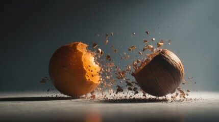 Collision of a glowing orange pumpkin ball and a glossy chestnut sphere, fragments scattering in controlled detail, dramatic lighting