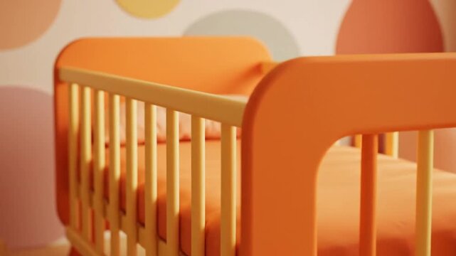 Cozy and Modern Orange Baby Crib with Yellow Bedding in a Softly Lit Nursery, Ready for a Newborn's Arrival in a Harmonious Child's Room Setting