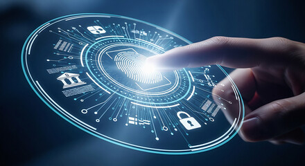 Hand touching a holographic fingerprint with security on a digital interface