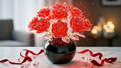 Exquisite Red Roses Crafted from Shimmering Crystal for a High End Luxury Love Theme
