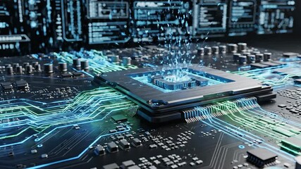 Powerful CPU processing data on a futuristic circuit board illustrating advanced artificial intelligence big data analytics and highspeed computing technology with glowing blue light streams and ener. - Powered by Adobe
