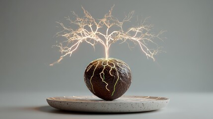 Cracked avocado pit sits centered on ceramic plate, glowing neon circuitry sprouts upward like branching coral. Bright veins emit