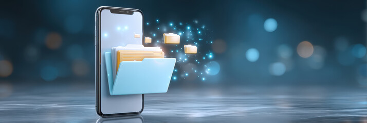 Futuristic smartphone with blue digital file folder showing efficient wireless data transfer