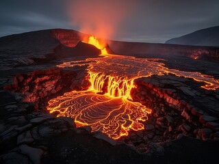 Volcanic eruption with lava flow at night
