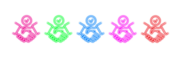 Colorful neon set of multiple variants of handshake icons with a checkmark symbol signifying agreement and success, isolated on transparent background for modern digital design. © MDARIFUL