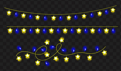 Glowing Star and Moon String Lights Decoration Isolated on Transparent Background