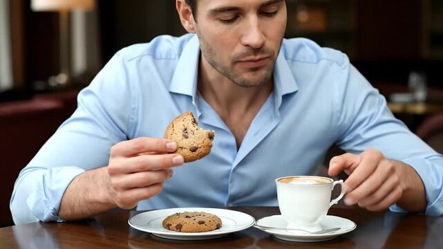 Man enjoying a chocolate chip cookie and coffee