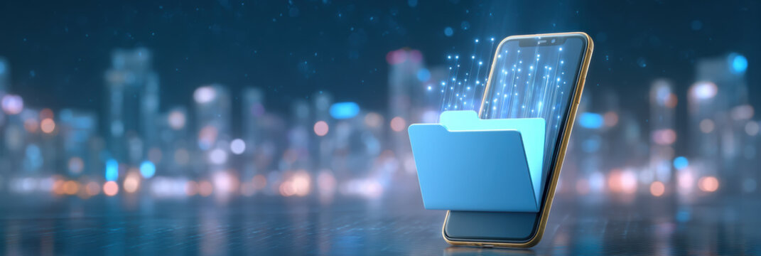 Modern smartphone processing rapid data transfer with blue digital folder over city night bokeh - Powered by Adobe