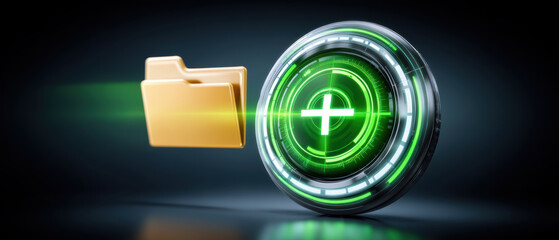 Yellow folder moving with speed for dynamic digital data transfer backup