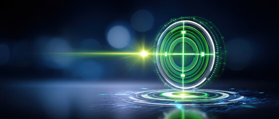 Abstract digital data transfer beam hitting glowing green target with precise focus accuracy