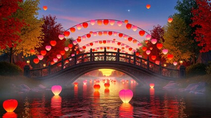 Picturesque Three Dimensional Bridge Glowing with Heart Lanterns in a Romantic Night Setting