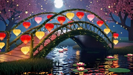 Enchanted Walkway over Water Decorated with Radiant Heart Lights for a Dreamy Date Scene
