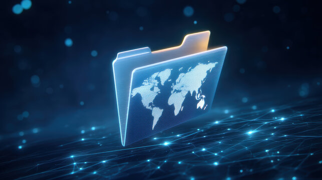 Futuristic blue folder for global data transfer and secure digital file storage - Powered by Adobe
