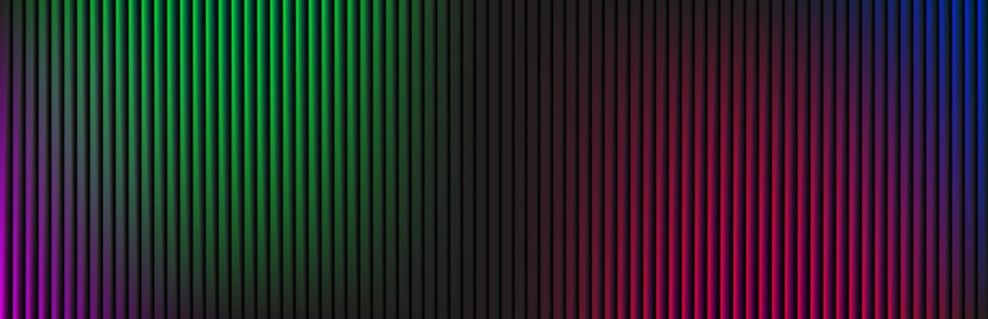 Dynamic abstract background vector with vertical vibrant glowing stripes showcasing a captivating gradient of green, purple, red, and blue colors, creating a modern futuristic visual.